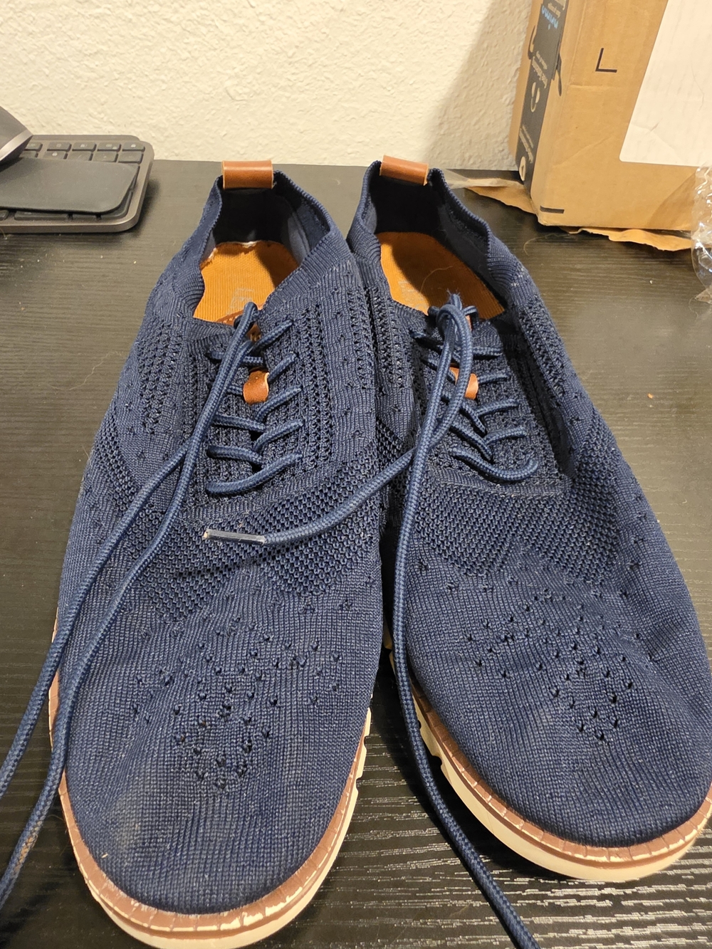 Men's Knit Lace-Up Casual Shoes in Navy Blue Size 45